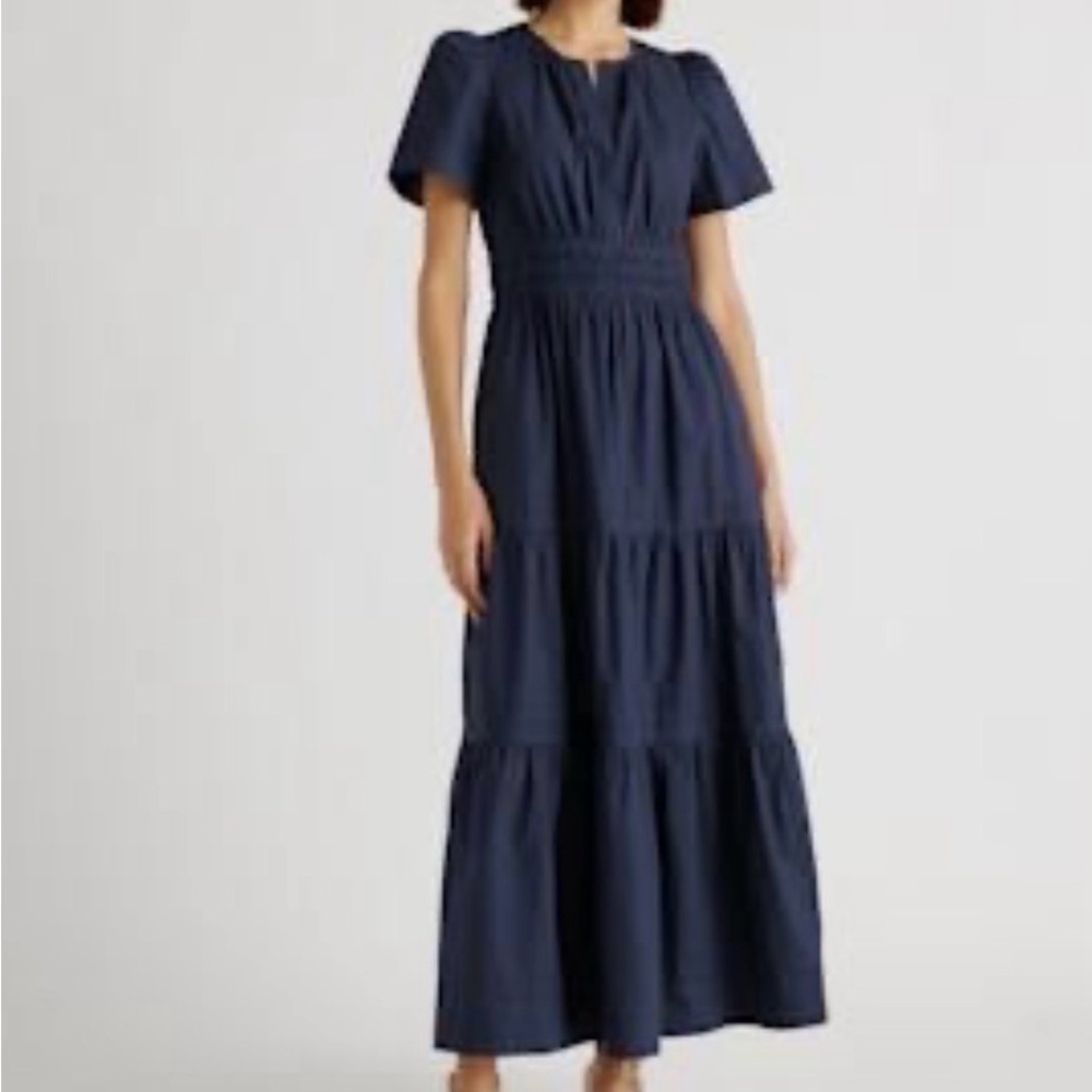 Quince 100% Organic Cotton Poplin Navy Tiered Maxi Dress
